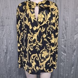 Black and Gold Baroque-Print Keyhole Long-Sleeve Top 2x